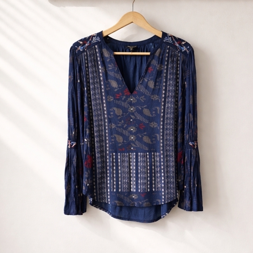 Lucky Brand Bohemian Embroidered Mixed Floral Print Bell Sleeve Blouse Small